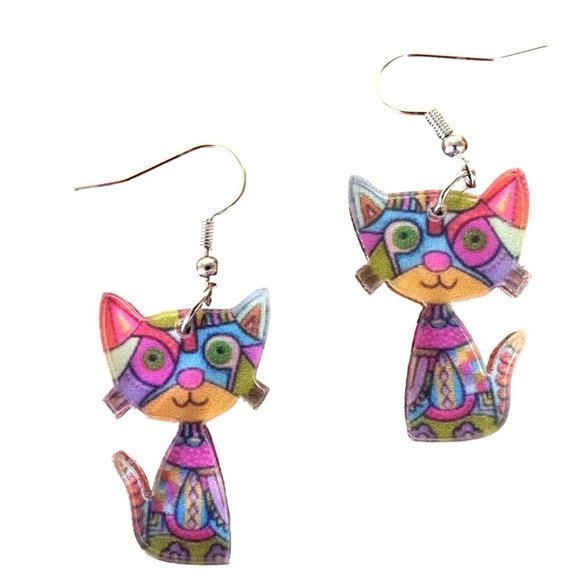 Whimsical Cat Earrings New Multicolor Kitty Lover Dangle Hooks Christmas… - Picture 2 of 6